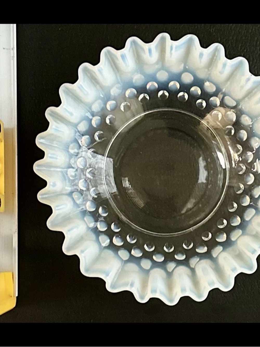 Fenton glass bowl, opal and ice hobnail pinch ribbon edge